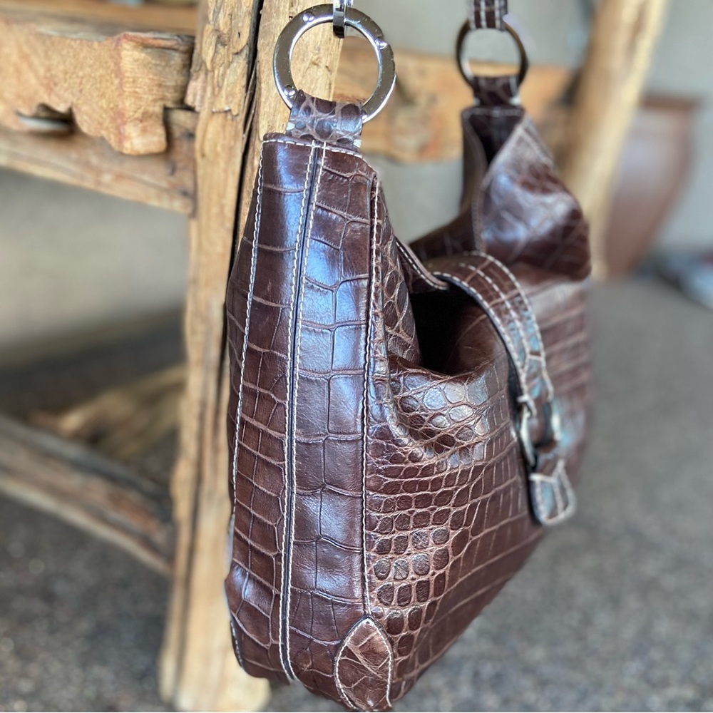 Leather Croc Embossed Textured Shoulder Bag Donald J Pliner - Picture 6 of 13